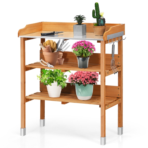 Costway Garden Wooden Potting Bench Work Station Table Tool Storage Shelf W/ Hook