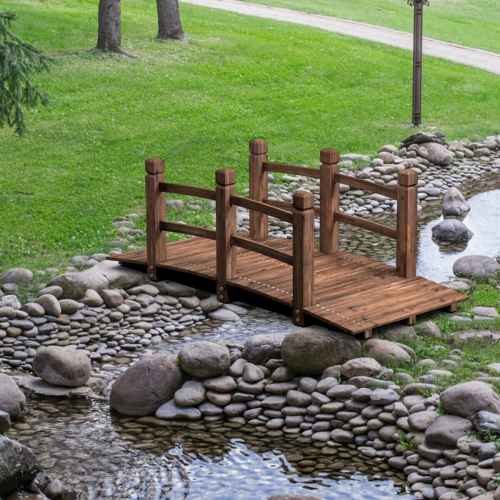 5' Wooden Bridge Stained Finish Decorative Solid Wood Garden Pond Arch Walkway
