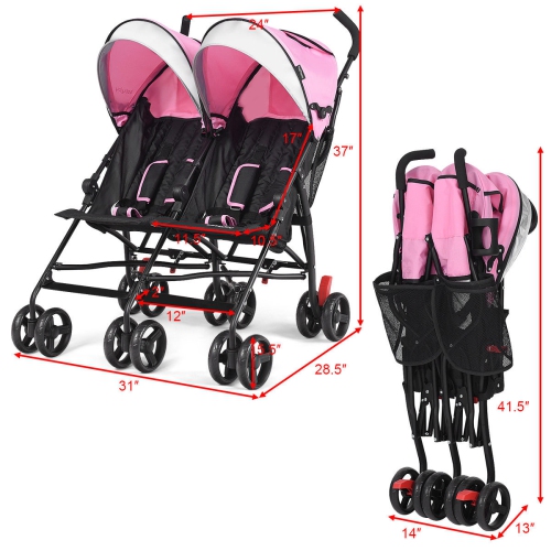 Twin Baby Double Stroller Kids Ultralight Umbrella Stroller Pushchair Pink