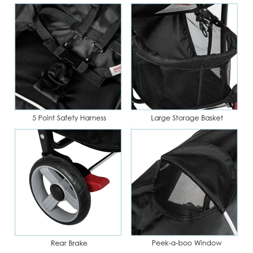 Foldable Baby Stroller Kids Travel Pushchair 5-Point Safety System Black