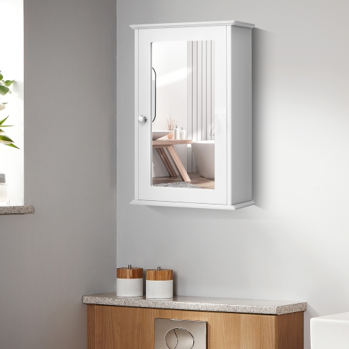 Costway Bathroom Wall Cabinet Single Mirror Door Cupboard Storage Wood Shelf White