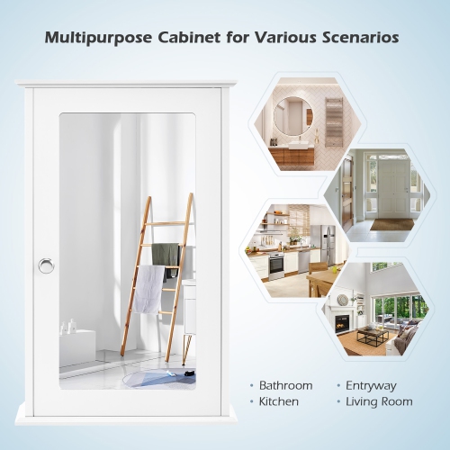 Costway Bathroom Wall Cabinet Single Mirror Door Cupboard Storage Wood Shelf White