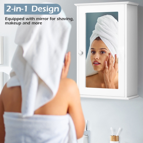 Costway Bathroom Wall Cabinet Single Mirror Door Cupboard Storage Wood Shelf White