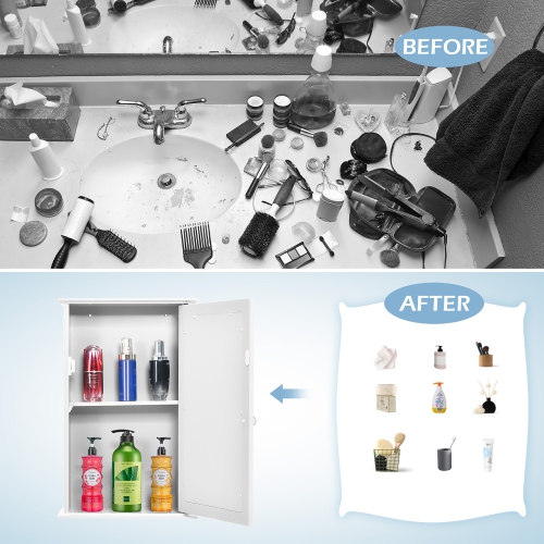 Costway Bathroom Wall Cabinet Single Mirror Door Cupboard Storage Wood Shelf White