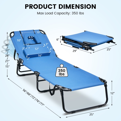 Costway Beach Chaise Lounge Chair with Face Hole Pillows & 5-Position Adjustable Backrest