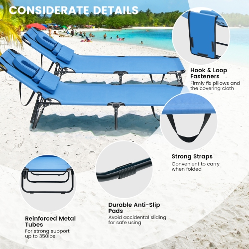 Costway Beach Chaise Lounge Chair with Face Hole Pillows & 5-Position Adjustable Backrest