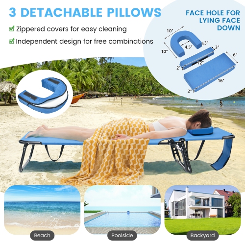 Costway Beach Chaise Lounge Chair with Face Hole Pillows & 5-Position Adjustable Backrest