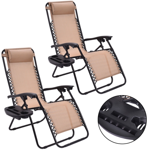 Costway 2PC Zero Gravity Lounge Chairs Patio Folding Recliner W/ Cup Holder Beige