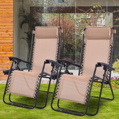 Costway 2PC Zero Gravity Lounge Chairs Patio Folding Recliner W/ Cup Holder Beige