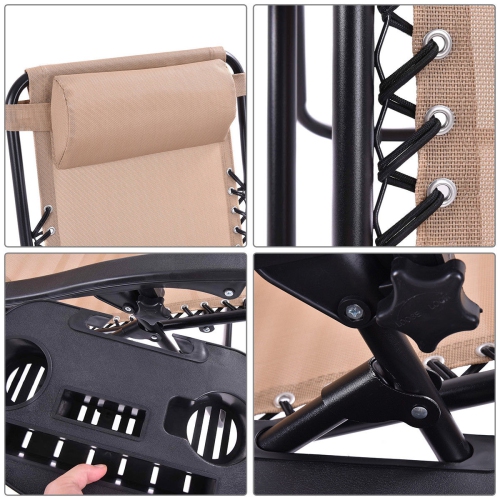 Costway 2PC Zero Gravity Lounge Chairs Patio Folding Recliner W/ Cup Holder Beige