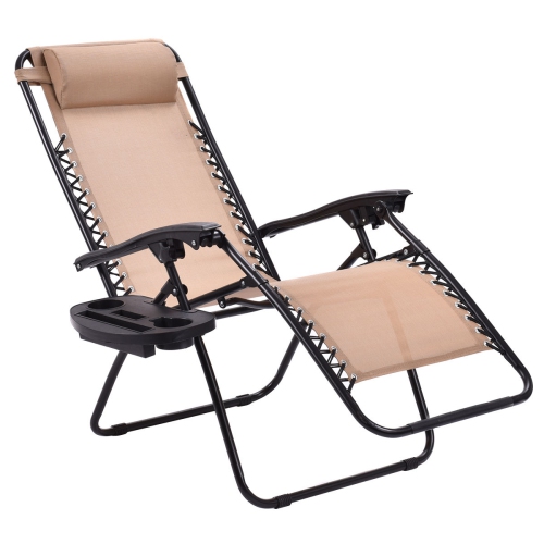 Costway 2PC Zero Gravity Lounge Chairs Patio Folding Recliner W/ Cup Holder Beige