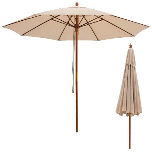 COSTWAY  9.5 Ft Patio Rope Pulley Wooden Umbrella Market W/fiberglass Ribs Outdoor In Beige