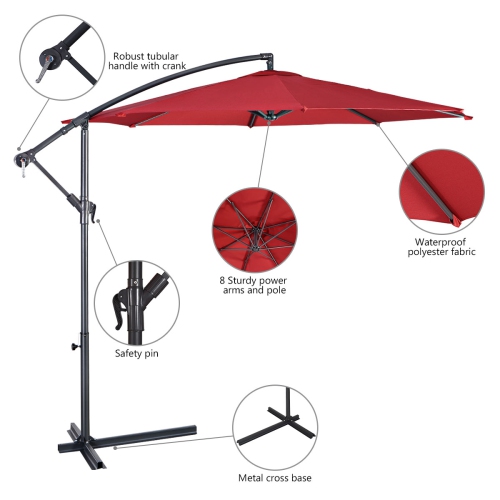 Costway 10' Hanging Umbrella Patio Sun Shade Offset Garden Market W/ T Cross Base