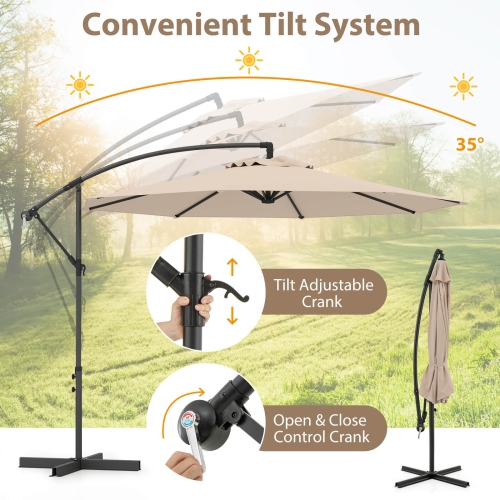 Costway 10' Hanging Umbrella Patio Sun Shade Offset Garden Market W/ T Cross Base
