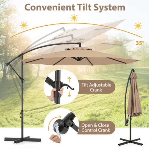 Costway 10' Hanging Umbrella Patio Sun Shade Offset Garden Market W/ T Cross Base