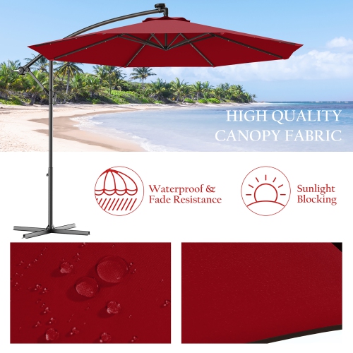 Costway 10' Hanging Solar LED Umbrella Patio Sun Shade Offset Market W/ Base