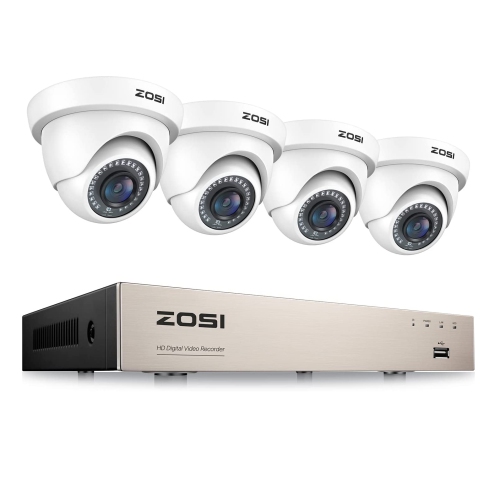 ZOSI  H.265+ 8Ch 5Mp Lite Dvr Home Security Camera System, 4PCs 1080P Dome Outdoor Surveillance Cameras, 80Ft Night Vision, Motion Detection, Remote