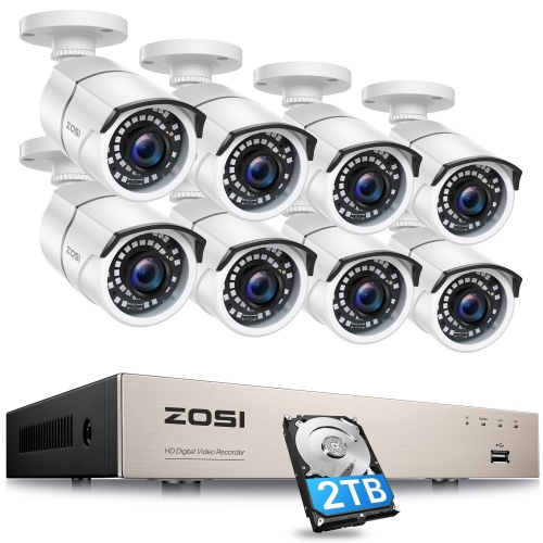 ZOSI  H.265+ 8Ch 5Mp Lite Dvr Home Security Camera System \w 2Tb HDD, 8PCs 1080P Bullet Outdoor Surveillance Cameras, 120Ft Night Vision, Motion