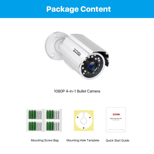 ZOSI Add-on Wired 1080P 2MP 4-in-1 CCTV Outdoor Security Camera Bullet Camera for CVBS/AHD/TVI/CVI DVR Surveillance System, IP66, 80ft Night Vision -