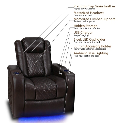 Valencia Tuscany Top Grain 11000 Italian Nappa Leather Power Reclining, Lumbar, Dark Chocolate Home theatre Seating 3-Seats