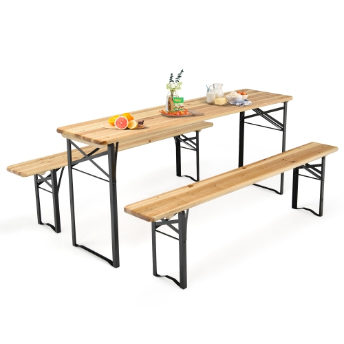Costway 3 PCS Beer Table Bench Set Folding Wooden Top Picnic Table Patio Garden