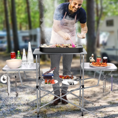 Costway Foldable Camping Table Kitchen Portable Grilling Stand Folding BBQ Table