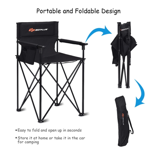 38 in. Oversized High Camping Portable Fishing Black Metal Folding Beach Chair
