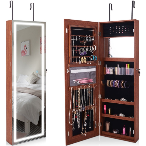 Costway Door Wall Mount Touch Screen Led Mirrored Jewelry Cabinet
