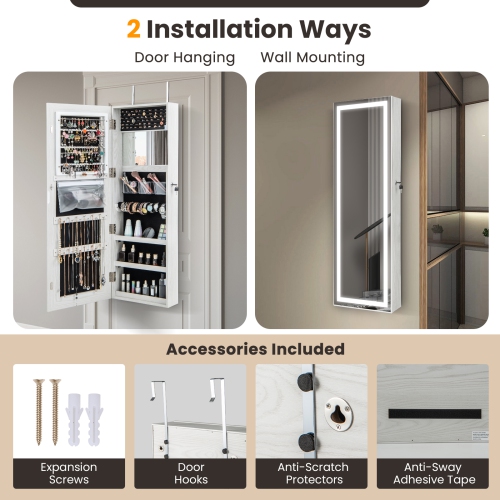 Costway Door Wall Mount Touch Screen LED Mirrored Jewelry Cabinet Storage