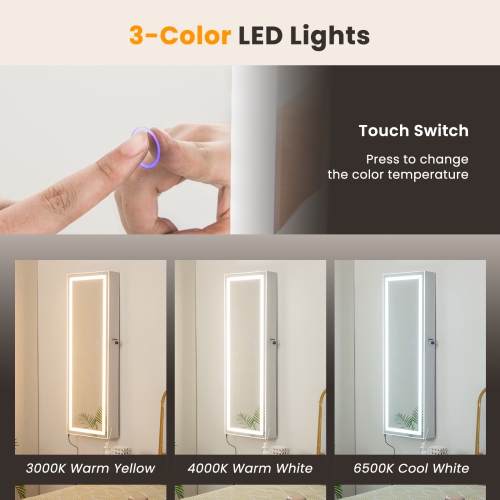 Costway Door Wall Mount Touch Screen LED Mirrored Jewelry Cabinet Storage