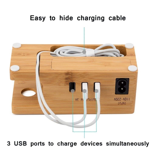 Bamboo USB Charging Station, 3 USB Ports 3.0 Hub, for iPhone 7/7Plus/6s/6/Plus/5s & 38mm/42mm Apple Watch, Samsung & Others