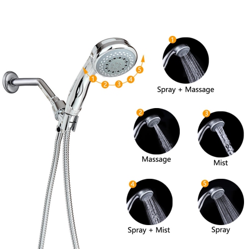 Pomme de douche à main 5 fonctions avec support multidirectionnel haute pression
