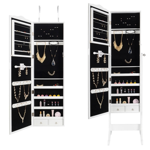 Lockable Jewelry Armoire Floor Standing Wooden Jewelry Cosmetic Mirror Cabinet Chest with Lock & Mirrored Door for Bedroom Home