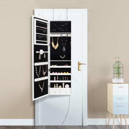 Lockable Jewelry Armoire Floor Standing Wooden Jewelry Cosmetic Mirror Cabinet Chest with Lock & Mirrored Door for Bedroom Home