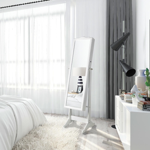 Lockable Jewelry Armoire Floor Standing Wooden Jewelry Cosmetic Mirror Cabinet Chest with Lock & Mirrored Door for Bedroom Home