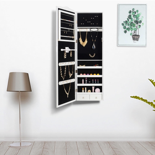 Lockable Jewelry Armoire Floor Standing Wooden Jewelry Cosmetic Mirror Cabinet Chest with Lock & Mirrored Door for Bedroom Home