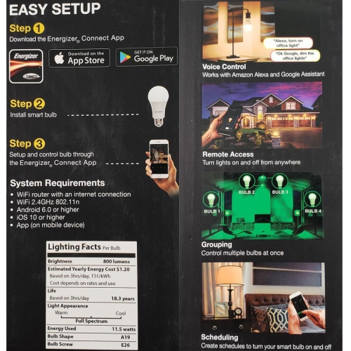 Energizer Connect EAC2-1002-RGB Smart LED Bulb White and Multi-Color