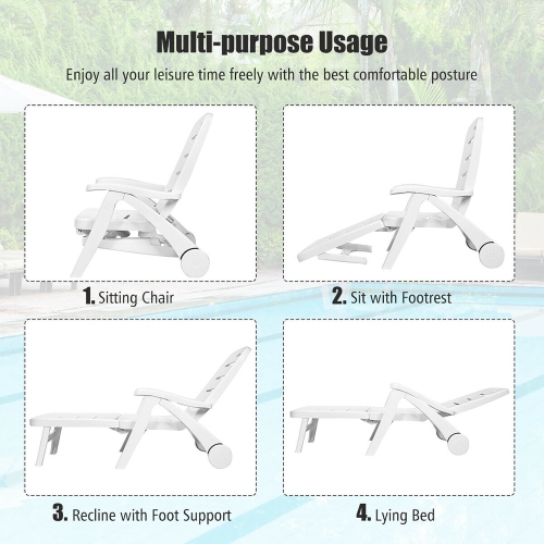 Costway Adjustable Folding Patio Chaise Deck Chair Lounger 5 Position Recliner w/ Wheels