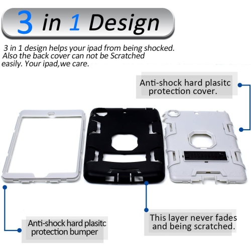 iPad Mini Case, iPad Mini 2 Case, iPad Mini 3 Case, MAKEIT 3in 1 Heavy Duty Protection Kickstand Combo Hybrid Impact Silicone Hard Case Cover for