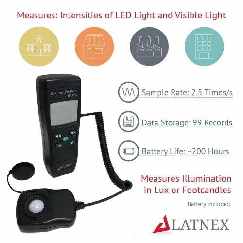 LATNEX Light Meter LM-50KL Measures Lux/Fc - LED/Fluorescent, Industrial, Household, and Photography - Calibration Certificate Included