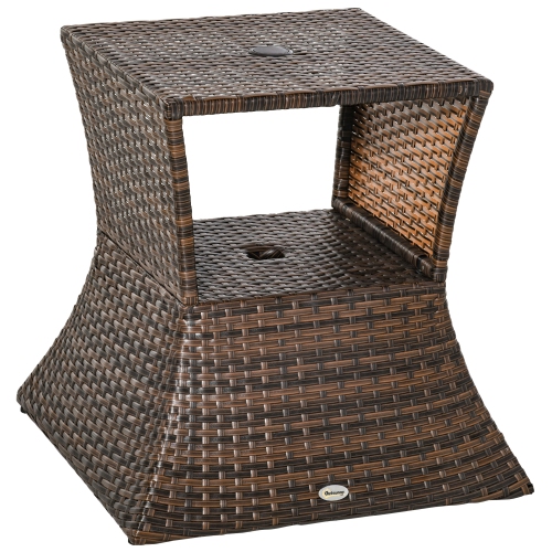 Outsunny Rattan Wicker Outdoor Coffee Table, All Weather Side Table with Umbrella Hole, 2 Tier Storage Shelf, 21.3" Square End Table for Patio,