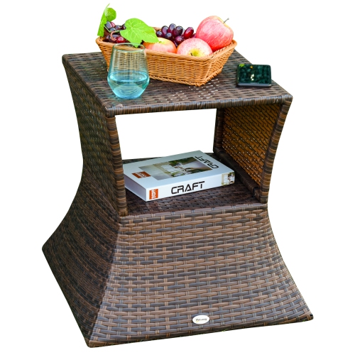 Outsunny Rattan Wicker Outdoor Coffee Table, All Weather Side Table with Umbrella Hole, 2 Tier Storage Shelf, 21.3" Square End Table for Patio,