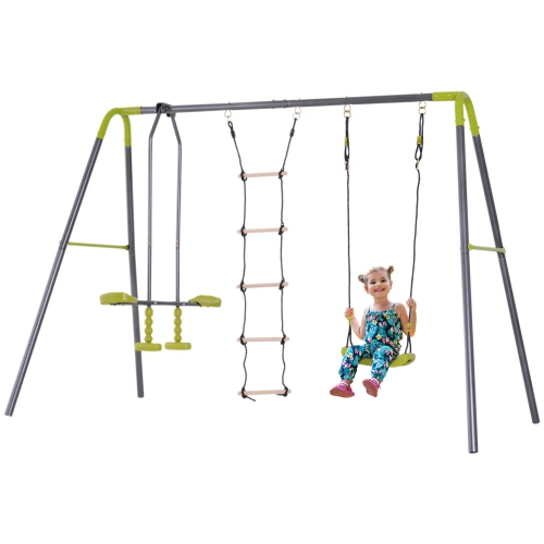 HOMCOM  3 In 1 Kids Swing Set, Double Face to Face Swing Chair & Glider Set, Climbing Ladder A-Frame Outdoor Heavy Duty Metal Swing Set for Backyard