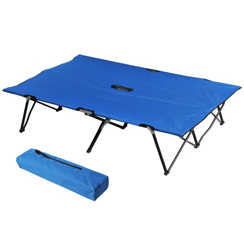Image 1 of 9.. Outsunny 76" Two Person Folding Camping Cot Outdoor Portable Double Cot Wide Military Sleeping Bed w/ Carrying Bag Blue