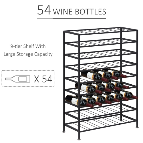 HOMCOM 9-Tier Metal Wine Bottle Rack 54 Bottles Freestanding Wine Storage Holder Home Bar Display Stand Cellar Bottle Organizer Black