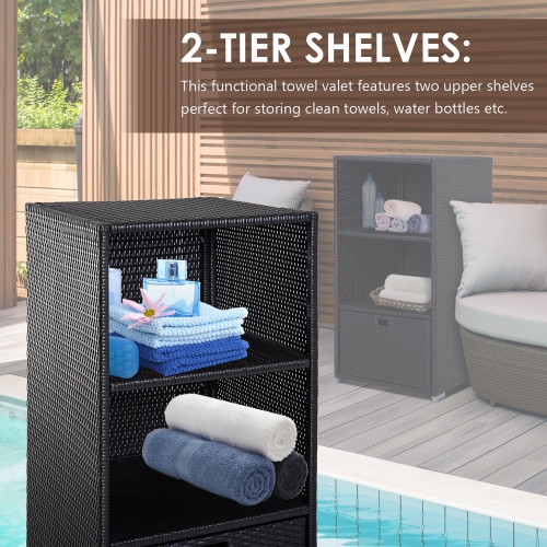 Outsunny Wicker Rattan Pool Towel Valet Organizer 2 Shelf 1 Drawer