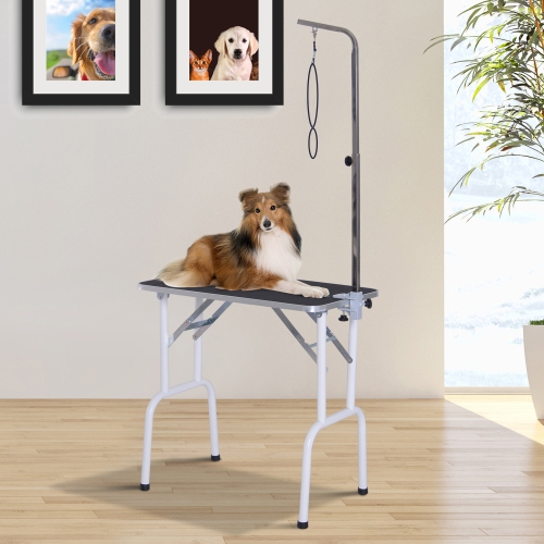 PawHut 32in Foldable Dog Grooming Table for Small Dogs, Pet Grooming Table for Dogs Cats with Adjustable Arm, Non-Slip Surface, Black