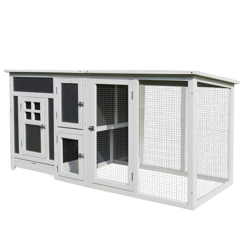 PawHut 63" Chicken Coop Wooden Hen House Rabbit Hutch Poultry Cage Pen Outdoor Backyard with Nesting Box and Run Small Animal Cage PC Roof Grey