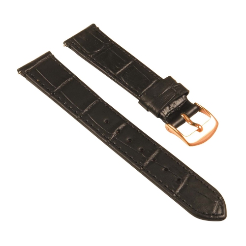 STRAPSCO  Crocodile Embossed Ladies Leather Watch Band - Quick Release Women's Strap - 22MM (Rose Gold Buckle) In Black