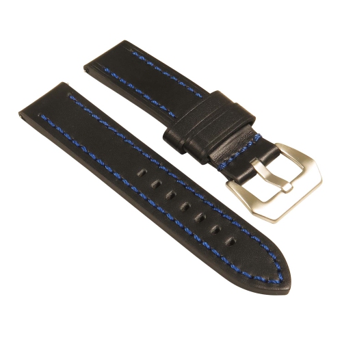 StrapsCo Heavy Duty Men's Leather Watch Band w/ Stitching - Quick Release Strap - 26mm Black & Blue